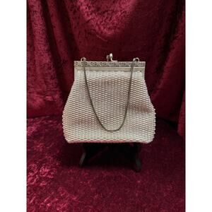 Vintage Gems by George Silver Pearled Beaded Purse Kiss Lock Gold Chain Strap